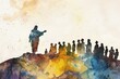 A simple watercolor silhouette of Jesus Christ on the mount, delivering the Beatitudes to a faintly sketched crowd