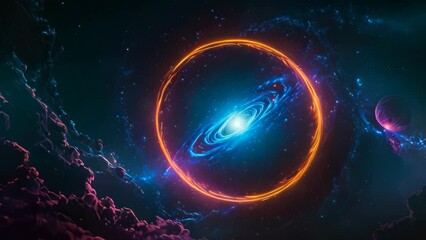 Wall Mural - Video animation of mesmerizing cosmic scene, featuring a large, glowing ring with an orange and blue hue at its center. This ring encircles a spiral galaxy