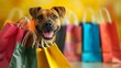 Excited dog poses with vibrant shopping bags after a successful spree. Concept Dog Photography, Shopping Dog, Vibrant Colors, Joyful Pets, Lifestyle Portrait