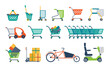 Shopping icons. Different types of baskets, trolleys and carts for shopping in stores.