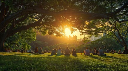 Wall Mural - a group of people are sitting in a park under a large tree