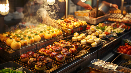 street snacks in Japan, such as takoyaki or okonomiyaki, which tempt the taste buds