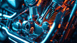 Close-up view of a 3D modeled motorcycle engine on a digital display, highlighting every detail from spark plugs to the cooling fins.