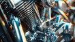 Close-up view of a 3D modeled motorcycle engine on a digital display, highlighting every detail from spark plugs to the cooling fins.