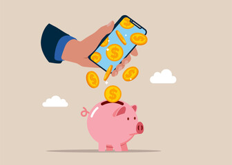 Dollar coins fall from a smartphone in piggy bank money savings. Flat vector illustration. 