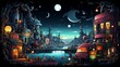 An enchanting steampunk city comes to life under a night sky with multiple moons, glowing lights, and whimsical architecture.