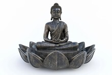 Serene Buddha Statue Seated In Lotus Flower On White Background