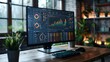 Visualize a PC monitor in a commercial real estate firm, displaying dynamic charts and graphs that track the fluctuating market demand and investment opportunities across various districts.