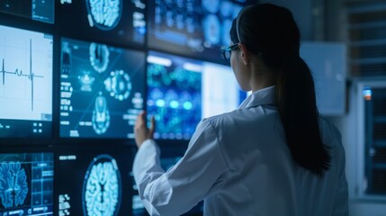 Fototapete - Woman in Lab Coat Examining Medical Images on Wall