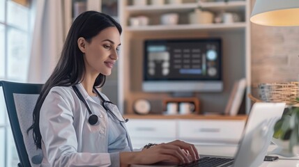Aufkleber - Woman Sitting at Desk Using Laptop Computer