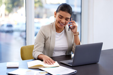 Poster - Phone call, discussion and business woman in office for conversation, communication or planning agenda. Notebook, laptop and consultant taking on smartphone for networking, appointment or schedule