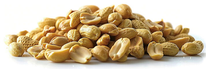 Wall Mural - Wide panoramic wallpaper banner, macro closeup photograph of peanuts on white color background 