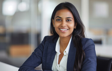 A woman in a business suit is smiling and looking at the camera