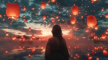 A Girl Standing In A Field Of Red Lanterns. The Lanterns Are Floating In The Air And The Girl Is Looking Up At Them. The Sky Is Dark And There Are Stars In The Sky.