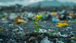 A solitary plant thriving amidst heaps of consumer waste. Concept Nature's Resilience, Environmental Impact, Waste Management, Eco-Friendly Solutions, Sustainable Living