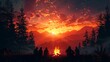 A group of friends camping in the mountains. They are sitting around a campfire and enjoying the sunset. The sky is a deep orange and the mountains are silhouetted against it.