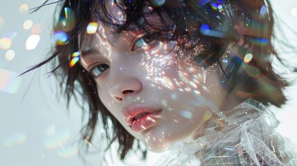 Futuristic, 2095’s, beautiful model, face skin is partially covered with holographic mirror grid pattern transparent scales, skincare concep