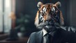 portrait of tiger in a full-length business suit on a dark background. Generated AI