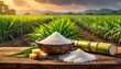 Açúcar branco com cana-de-açúcar fresca em mesa de madeira com fundo agrícola de plantação de cana-de-açúcar