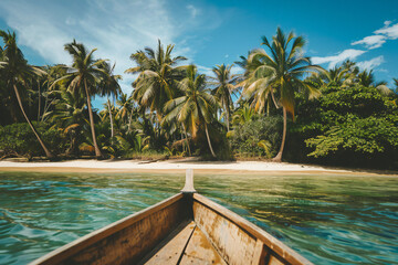 Wall Mural - Canoeing by a tropical sandy beach with clear water