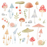 Fototapeta Panele - Cute illustration with watercolor hand drawn abstract forest mushrooms flowers and snails. Kids clip art. Nice mushroom illustration.