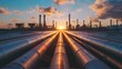 Industrial Sunrise at a Refinery with Steel Pipelines. Oil and Gas Industry Infrastructure. Modern Engineering and Energy Production. Serene Sky with Vibrant Colors. AI