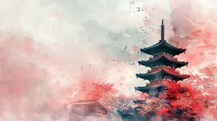 Wall Mural - A pagoda in watercolor style on an light abstract paint background