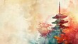 A pagoda in watercolor style on an light abstract paint background