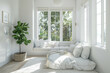 A bright and airy white bedroom with a comfortable reading nook and a large window.