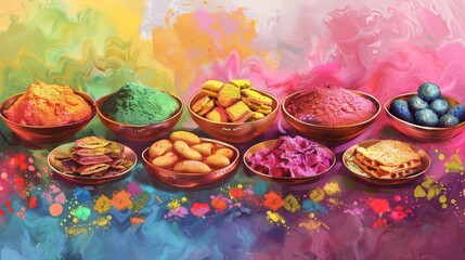 A Holi celebration with holi sweets.  a hand-painted background filled with colorful bowls overflowing with traditional Holi treats 