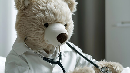 Stethoscope-clad bear in a white coat, examining a stethoscope with a thoughtful expression, embodying a compassionate pediatrician caring for his furry patients