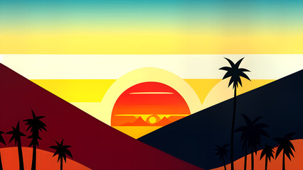 Wall Mural - flat silhouettes vector illustration of a beautiful sunset in the jungle with mountains and palm trees