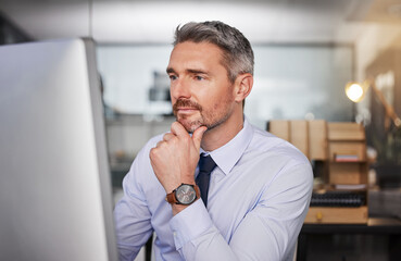 Aufkleber - Businessman, thinking and computer in office with corporate manager for project with idea. Vision, planning and technology for clients with internet for online in company with entrepreneur in job