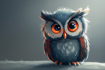 A cute cartoon-like owl, with big orange eyes, sitting against a grey backround