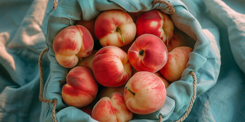 Wall Mural - A basket of peaches is sitting on a blue cloth