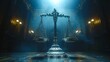 Scales of Justice in Dimly Lit Court Hall Generative AI