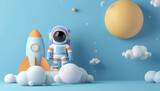 Fototapeta Pokój dzieciecy - A cartoon astronaut is standing next to a rocket in a blue sky by AI generated image