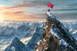 Striving to reach new heights of success by conquering a challenging mountain with a red flag waiting at the summit