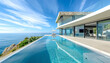 Contemporary luxury villa with expansive glass facades and an infinity pool, facing the ocean on a bright summer day.