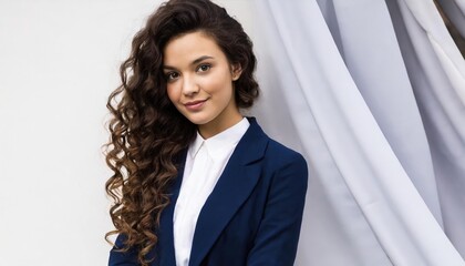 Wall Mural - Brunette girl with long and shiny wavy hair . Beautiful model with curly hairstyle