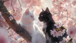 Two contrasting cats, one snow-white and the other ebony-black, share a tender gaze amidst the soft blush of blooming cherry blossoms, an ephemeral backdrop that whispers of spring's gentle caress.