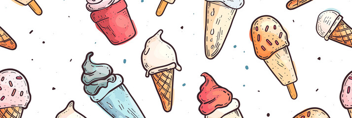 Wall Mural - Pattern with variety of ice cream designs on white background banner. Panoramic web header. Wide screen wallpaper