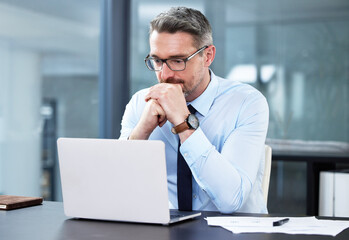 Poster - Businessman, laptop and corporate research in office for financial growth as seo specialist, startup or tech. Male person, glasses and company brainstorming or internet, networking or consultation