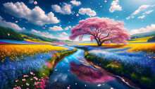  A Majestic Pink Tree Reigns Over A Vibrant Landscape, With Petals Dancing On A Breeze Above A River Reflecting The Kaleidoscope Of Colors. The Radiant Backdrop Of The Azure Sky Cradles Fluffy Clouds