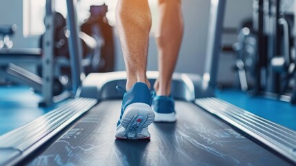 Close up young man athlete shoes running in treadmill at fitness gym blur background. AI generated