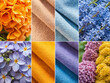 textile and flowers color palettes of vibrant colors such as lilac, chambray blue, burnt orange, sunshine yellow
