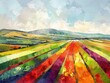 A vibrant painting capturing the beauty of flower fields, reminiscent of the Netherlands' renowned flower harvest scenes. 