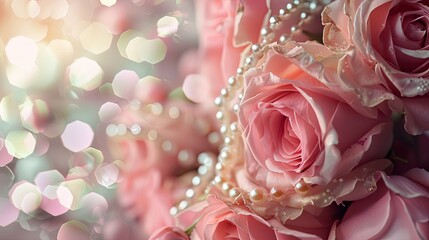 Wall Mural - A charming ensemble of pink roses elegantly paired with pearls set against a dreamy pastel backdrop with a touch of abstract blur This delightful composition is perfect for weddings exuding