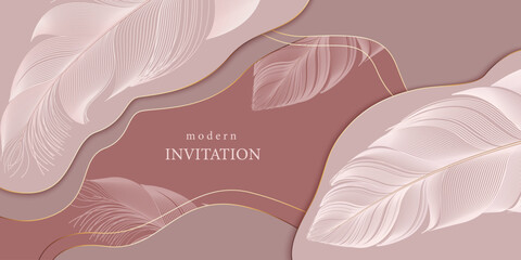 Pale feathers. Line art bird feather. Card, wallpaper, background template. Soft, elegant concept. Luxury design. Soft natural colors.