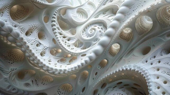 An intricate 3D fractal rendering that simulates organic structures with a surreal, bone-like texture in a neutral color palette.